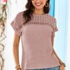 Elegant Women's Light Pink Lace Patchwork Waffle Short Sleeve Top - Image 3