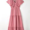 Elegant Rose Pink Textured V Neck Flutter Sleeve Ruffled Maxi Dress for Women - Image 11