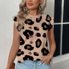 Women's Khaki Leopard Crew Neck Cap Sleeve Casual Tee - Stylish and Comfortable - Image 7