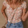 Women's Orange Short Sleeve Floral Ruched Sweetheart Bodysuit - Casual Summer Top - Image 4