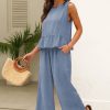 Women's Beau Blue Solid Color Ribbed Ruffle Tank Top and Pants Set - Image 3