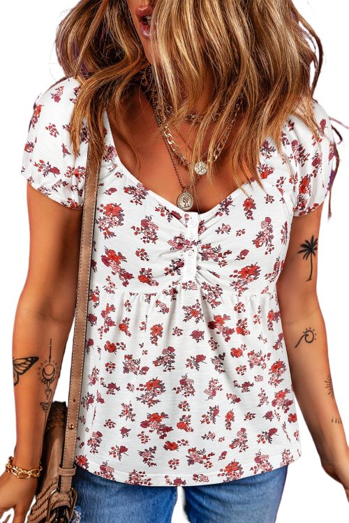 Women's White Boho Floral Ruched Short Sleeve Blouse with Sweetheart Neckline