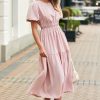 Women's Pink Puff Sleeve Pleated High Waist Flowy Long Dress - Perfect for Summer Occasions - Image 8