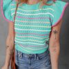 Women's Vibrant Green Striped Eyelet Knit Ruffled Sleeve Sweater T-Shirt - Image 3