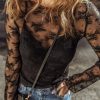 Women's Black Lace Mesh Crochet Splicing Slim Fit Long Sleeve Blouse - Image 3