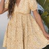 Women's Yellow Floral Short Sleeve V Neck Frilly Tiered Mini Dress - Perfect for Summer Occasions - Image 7