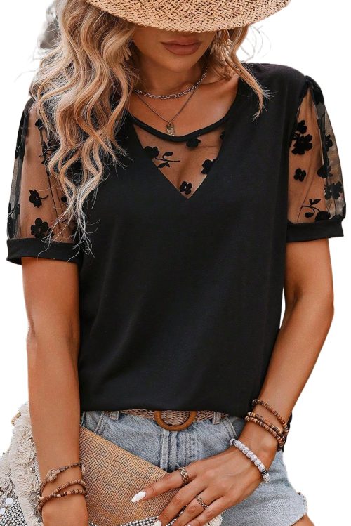 Elegant Women's Black Flora Lace Patchwork Crew Neck T-Shirt with Mesh Puff Sleeves