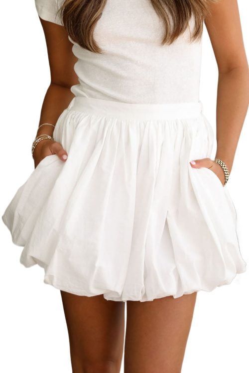 Women's White Bubble Mini Skirt with Pockets - Casual Summer Style