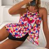 Women's Purple Floral Print O Neck Open Back One Piece Swimsuit with Mesh Overlay - Image 4