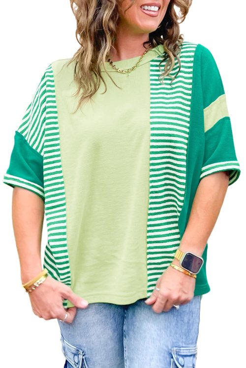 Women's Plus Size Green Stripe Patchwork Colorblock T-Shirt - Casual Short Sleeve Top