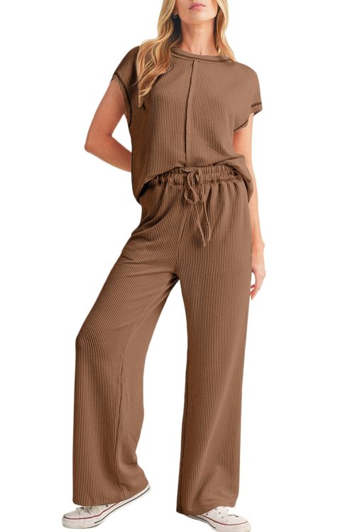 Women's Coffee Solid Color Corded Short Sleeve Top and Wide Leg Casual Pants Set