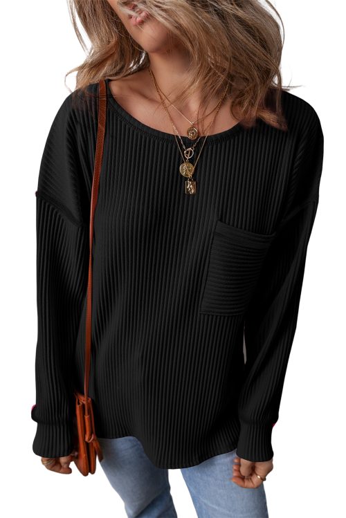 Women's Black Corded Drop Shoulder Long Sleeve Top