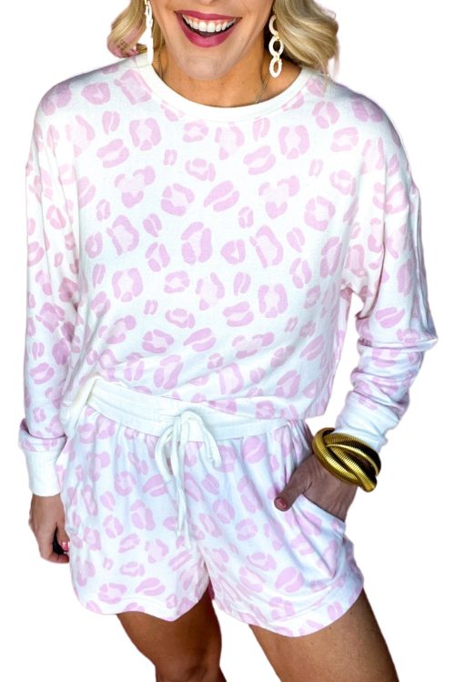 Women's Pink Leopard Print Long Sleeve Plus Size Shorts Set