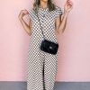 Chic Women's Khaki Checkered Print Buttoned Crew Neck Wide Leg Jumpsuit - Image 12