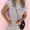 Chic Women's Khaki Checkered Print Buttoned Crew Neck Wide Leg Jumpsuit - Image 15