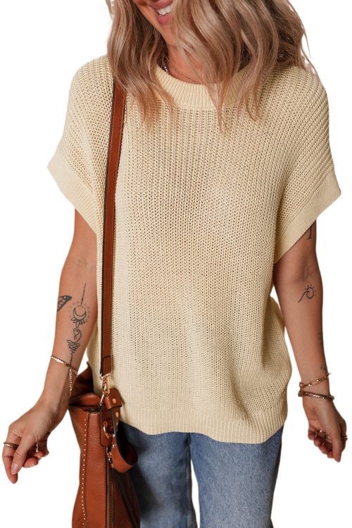 Women's Oatmeal Solid Color Batwing Short Sleeve Knit T-Shirt - Casual and Comfortable