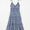 Women's Blue Floral Spaghetti Strap Frilled V Neck Tiered Midi Dress for Summer - Image 9