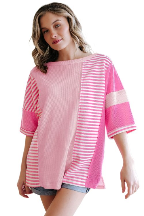 Trendy Women's Pink Stripe Color Block Patchwork Half Sleeve T-Shirt