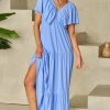 Elegant Sky Blue Textured V Neck Flutter Sleeve Ruffled Maxi Dress for Women - Image 5