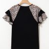 Women's Black Leopard Print Patchwork Ruffled Sleeve V Neck T-Shirt - Image 10