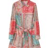 Women's Pink Patchwork Print Bubble Sleeves Belted Plus Size Dress - Image 7