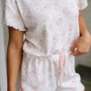 Charming Women's Pink Floral Ribbed Lounge Set with Lettuce Trim - Comfy Tee and Shorts - Image 10