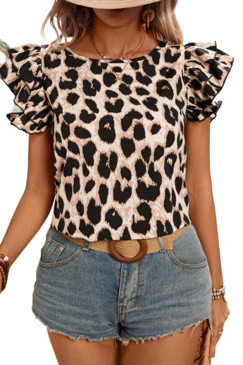 Women's Khaki Leopard Print Layered Ruffled Short Sleeve Blouse - Elegant and Versatile