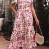 Women's Red Floral Short Sleeve V Neck High Waist Maxi Dress - Elegant and Flattering - Image 6
