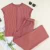 Women's Mineral Red Solid Color Corded Short Sleeve Top and Wide Leg Pants Set - Image 7