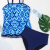 Women's Navy Blue Abstract Print Frilled Trim Spaghetti Straps Tankini Set - Image 8