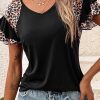 Women's Black Leopard Print Patchwork Ruffled Sleeve V Neck T-Shirt - Image 2