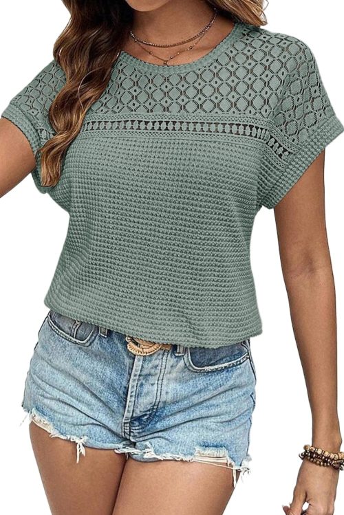 Women's Mist Green Lace Patchwork Waffle Short Sleeve Top - Elegant and Breathable