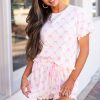 Women's Pink Bow Knot Geometric Print Lettuce Trim Two Piece Lounge Set - Image 12