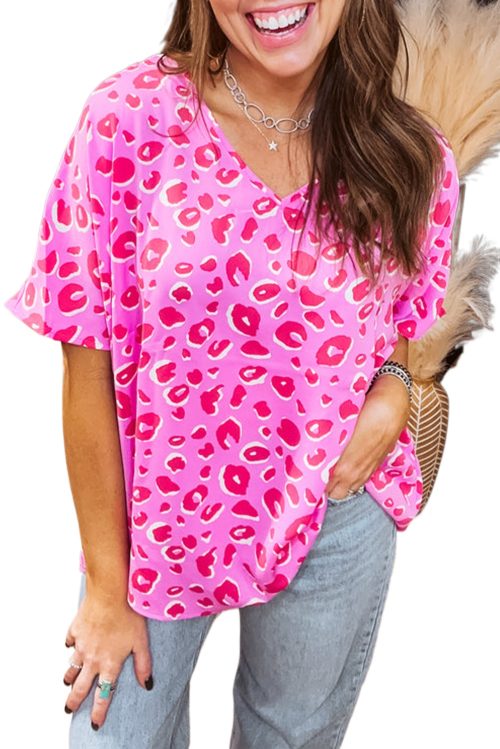 Chic Women's Pink Leopard V Neck Loose Short Sleeve Top for Casual Wear