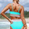 Women's Turquoise Striped Patchwork High Waist Bikini Swimsuit with Spaghetti Straps - Image 8