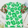 Elegant Green Floral Blouse with Contrast Embroidered Puff Short Sleeves - Image 10