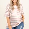 Cozy Pink Stripe Waffle Knit Pocketed Half Sleeve Plus Size T-Shirt - Image 5