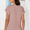 Elegant Women's Light Pink Lace Patchwork Waffle Short Sleeve Top - Image 4