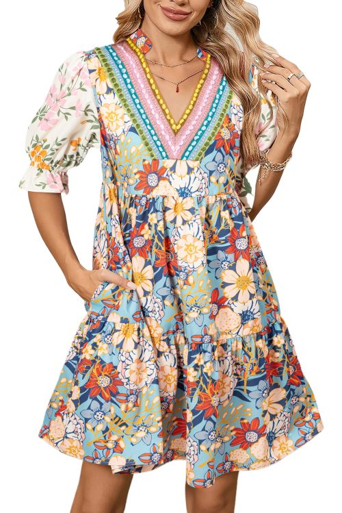 Women's Multicolour Boho Floral Print Crochet Patchwork V Neck Loose Mini Dress