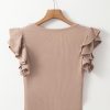 Women's Smoke Gray Ribbed Knit Ruffled Shoulder Slim Fit Tank Top - Image 9