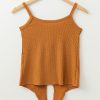 Women's Straw Yellow Ribbed Front Knot Buttoned Thin Strap Tank Top - Image 8