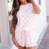 Women's Pink Bow Knot Geometric Print Lettuce Trim Two Piece Lounge Set - Image 15