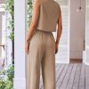 Women's Goat Color Buttoned Vest & Drawstring Wide Leg Pants 2-Piece Set - Image 2