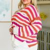 Women's Pink Stripe V-Neck Plus Size Sweater with Drop Shoulders - Image 4