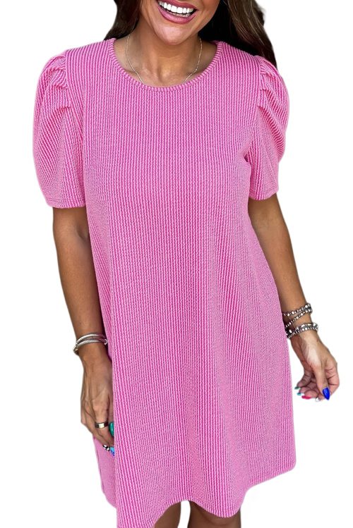 Women's Bright Pink Corded Knit Crew Neck Puff Sleeve Shift Mini Dress