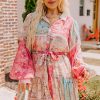 Women's Pink Patchwork Print Bubble Sleeves Belted Plus Size Dress - Image 4