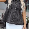 Women's Black Short Sleeve Flap Pocket Button Up Raw Hem Denim Shirt - Image 9