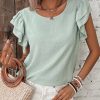 Women's Clearly Aqua Solid Color Ruffled Short Sleeve Casual Blouse - Image 8