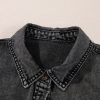 Women's Black Short Sleeve Flap Pocket Button Up Raw Hem Denim Shirt - Image 15