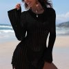 Chic Black Hollowout Knit Bell Sleeve Drawstring Mini Beach Dress - Image 9